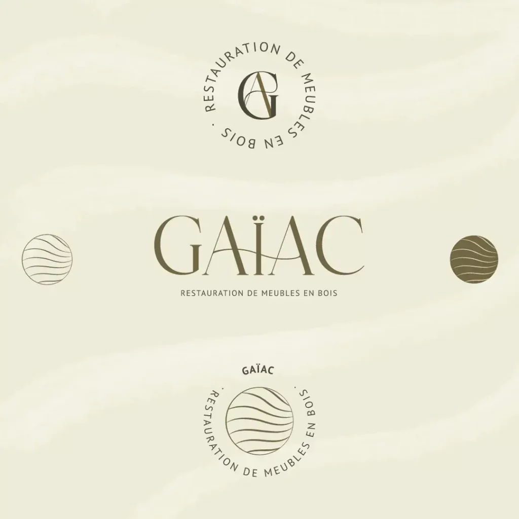 Création de l'identité visuelle de Gaic, restauration de meuble en bois, avec des logos secondaires et motifs